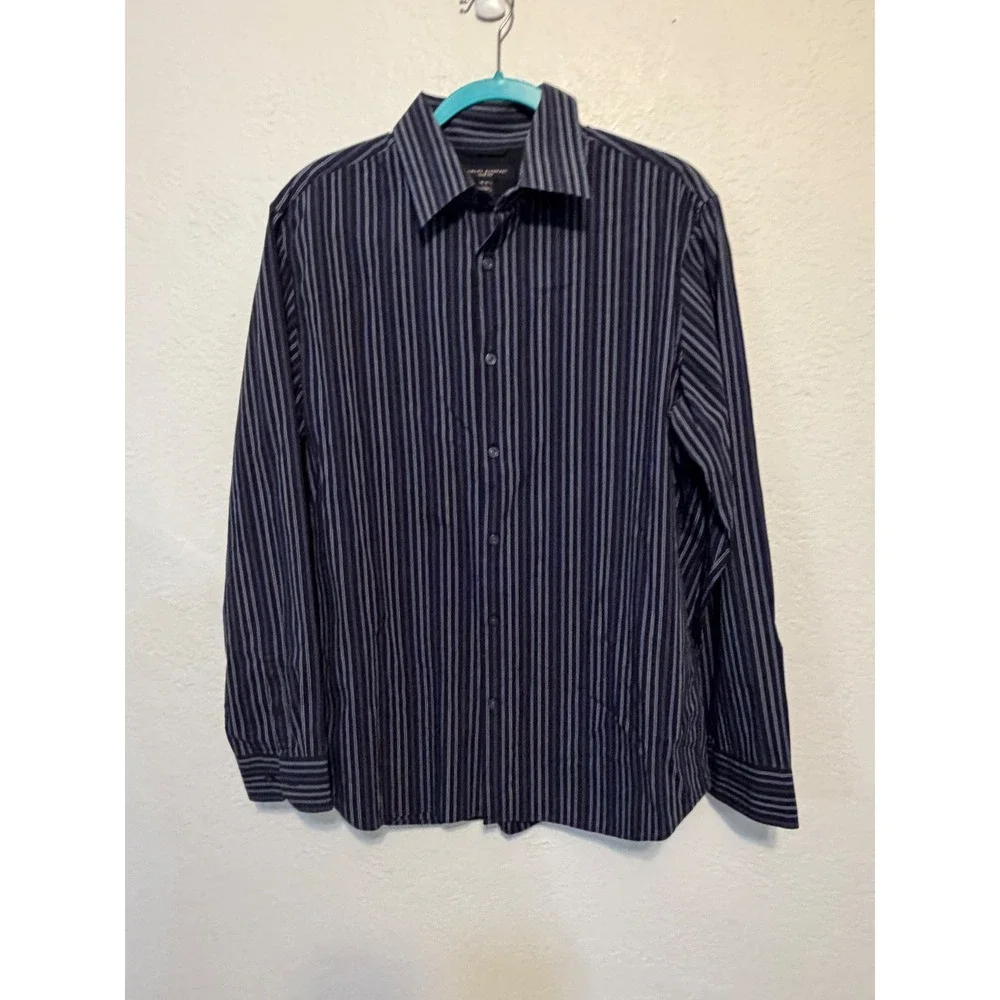 Banana Republic Mens Slim Fit Striped Button Down Shirt Navy Blue Large 16-16.5